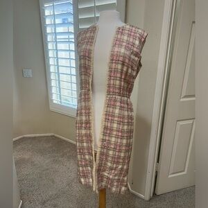 Vintage WILLIAM PEARSON Wool beaded 
Pink cream plaid Open pea Coat shacket vest